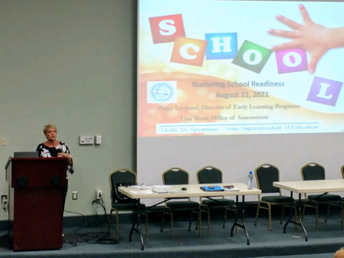 PEP Board Member Diana Matthews Floyd addresses educators at the Nurturing School Readiness Event.
